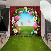 Lofaris Red Wooden Wall Greenery Field Floral Easter Backdrop